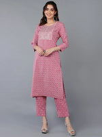 Cotton Pink Geometric Printed Embroidered Kurta Pant