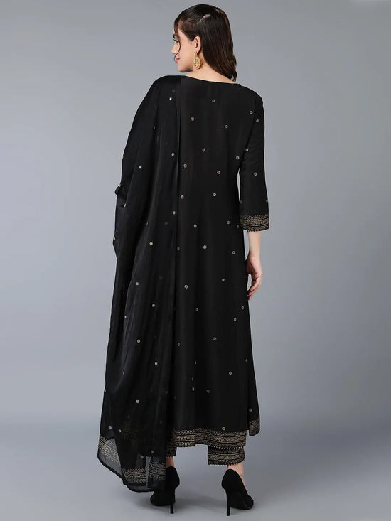 Silk Blend Black Rogan Work Flared Kurta