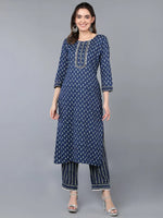 Cotton Navy Blue Ethnic Printed Kurta Pant