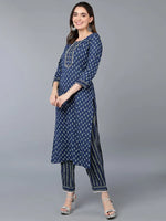 Cotton Navy Blue Ethnic Printed Kurta Pant