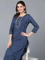 Cotton Navy Blue Ethnic Printed Kurta Pant