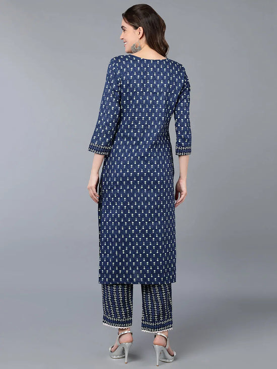 Cotton Navy Blue Ethnic Printed Kurta Pant