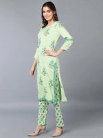 Cotton Pista Green Floral Printed Straight Kurta