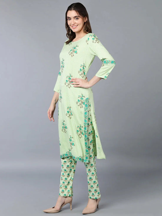 Cotton Pista Green Floral Printed Straight Kurta