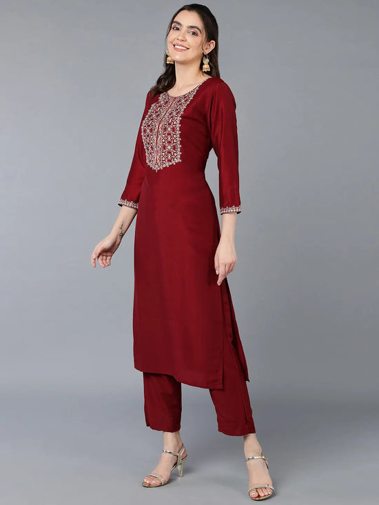 Silk Blend Maroon Embroidered Straight Kurta With-VKSET1412_XS