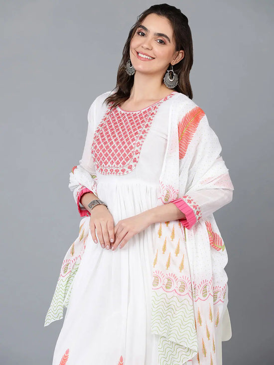 Cotton Blend White Printed Flared Kurta With-VKD1004_XS