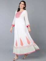 Cotton Blend White Printed Flared Kurta With-VKD1004_XS