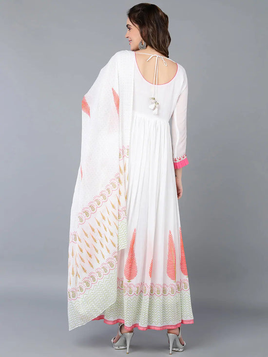 Cotton Blend White Printed Flared Kurta With-VKD1004_XS