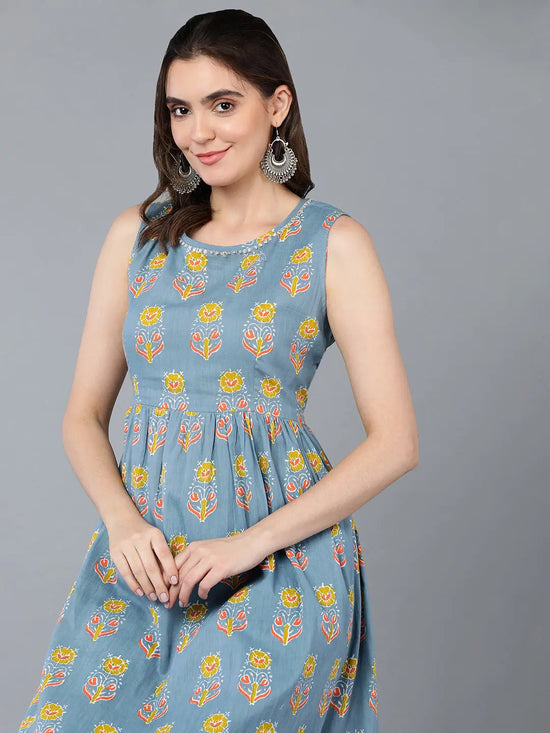 Cotton Blue Floral Printed Kurta Pant With