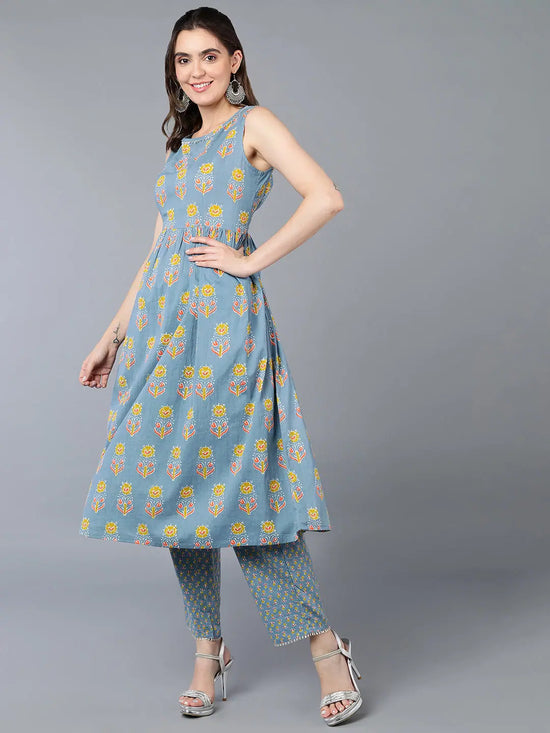 Cotton Blue Floral Printed Kurta Pant With