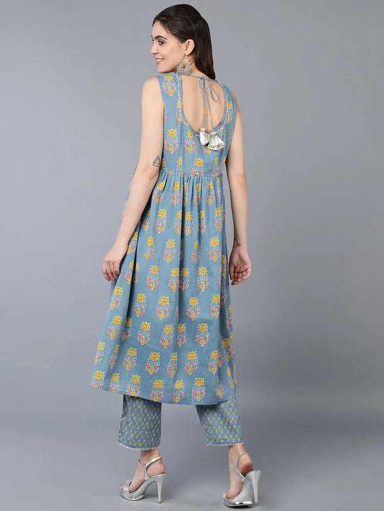 Cotton Blue Floral Printed Kurta Pant With