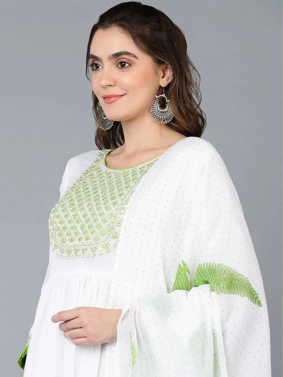 Cotton Blend White Flared Kurta With Dupatta