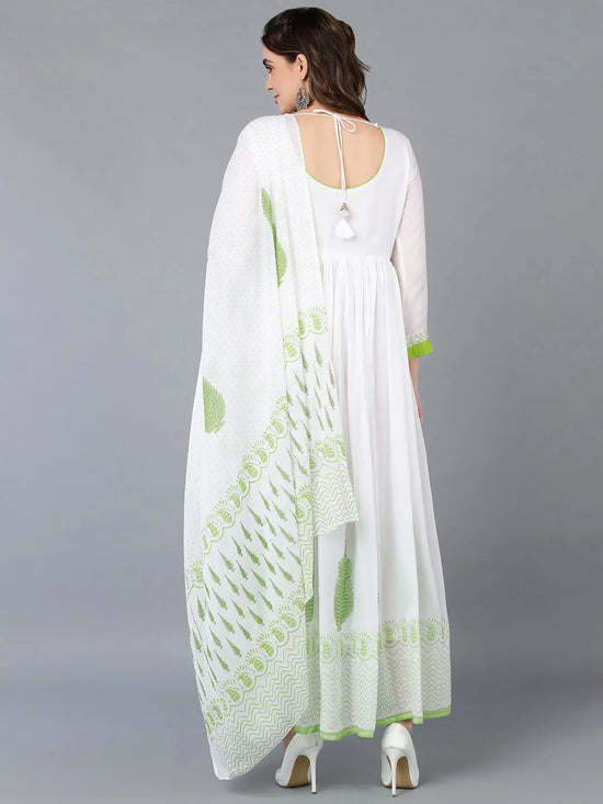 Cotton Blend White Flared Kurta With Dupatta