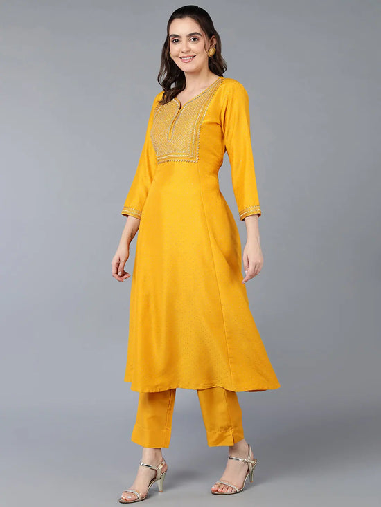 Silk Blend Yellow Embroidered Flared Kurta With