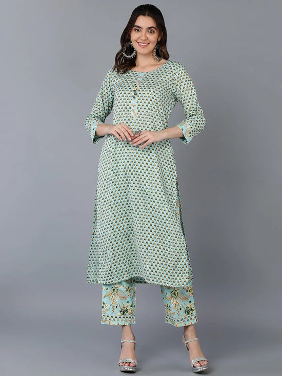 Cotton Sea Green Ethnic Printed Kurta Pant