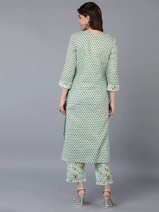 Cotton Sea Green Ethnic Printed Kurta Pant