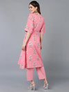 Cotton Pink Floral Printed Kaftan With Pant