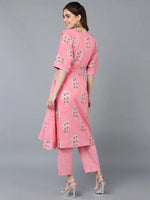 Cotton Pink Floral Printed Kaftan With Pant