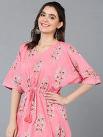 Cotton Pink Floral Printed Kaftan With Pant