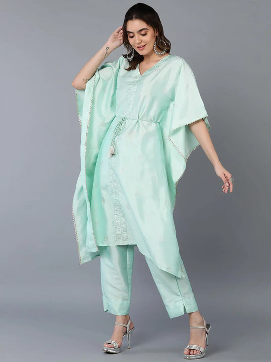 Polyester Turquoise Blue Solid Kaftan With Pant