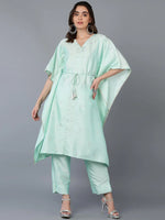 Polyester Turquoise Blue Solid Kaftan With Pant