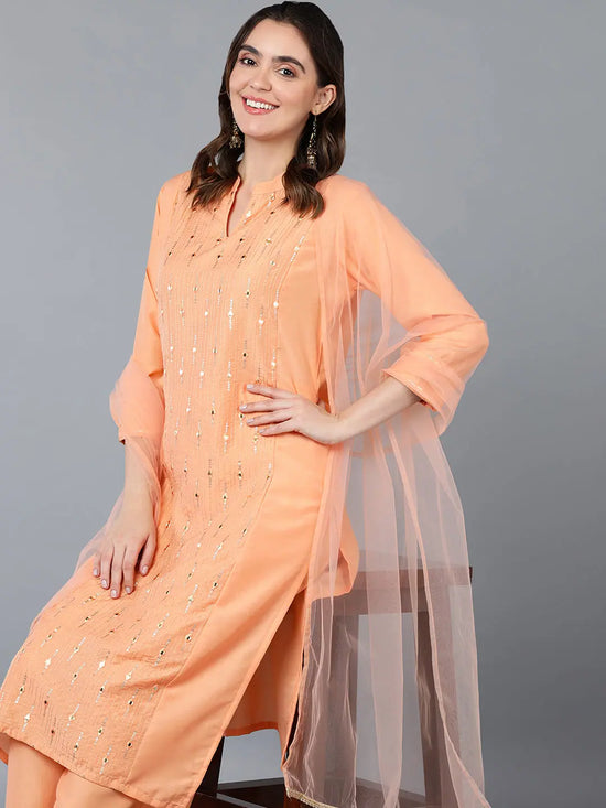 Silk Blend Peach Ethnic Printed Embroidered Kurta