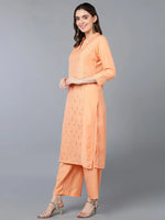 Silk Blend Peach Ethnic Printed Embroidered Kurta