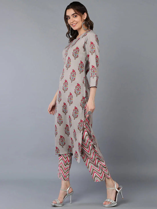 Cotton Blend Grey Floral Printed Straight Kurta