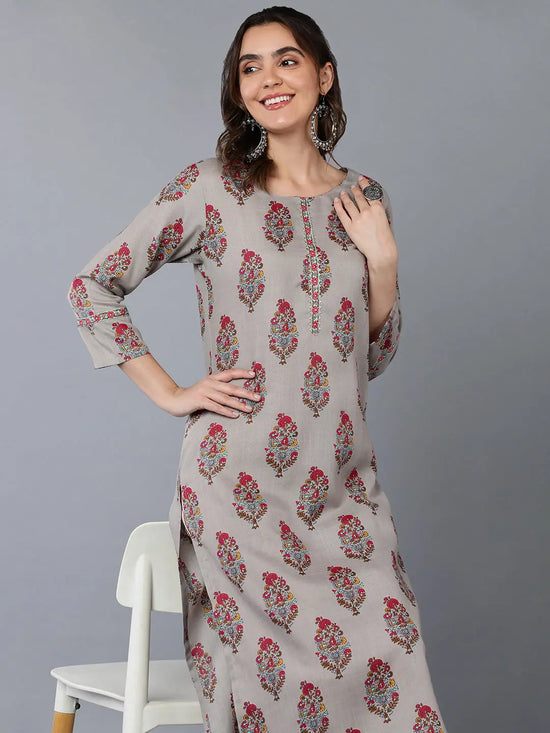 Cotton Blend Grey Floral Printed Straight Kurta