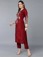 Silk Blend Maroon Embroidered Straight Kurta With-VKSET1413_XS