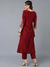 Silk Blend Maroon Embroidered Straight Kurta With-VKSET1413_XS