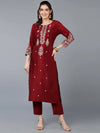 Silk Blend Maroon Embroidered Straight Kurta With-VKSET1413_XS