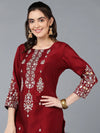 Silk Blend Maroon Embroidered Straight Kurta With-VKSET1413_XS