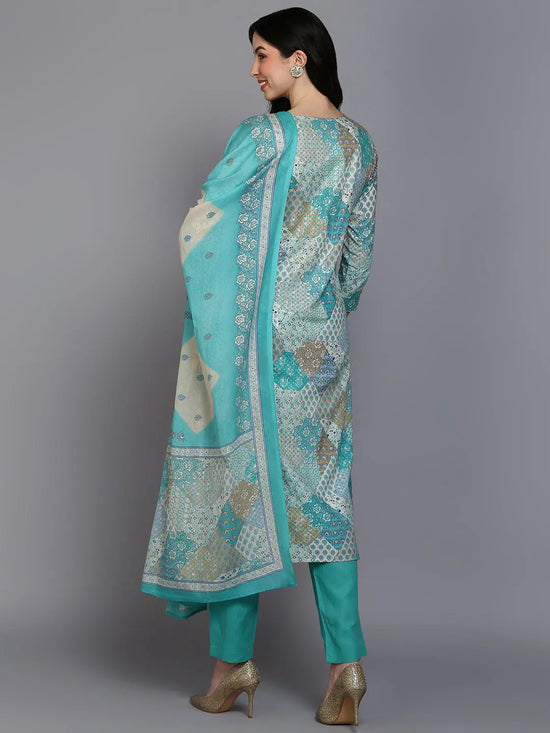 Cotton Aqua Green Printed Straight Kurta Pant