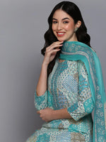 Cotton Aqua Green Printed Straight Kurta Pant