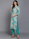 Cotton Aqua Green Printed Straight Kurta Pant