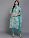 Cotton Aqua Green Printed Straight Kurta Pant