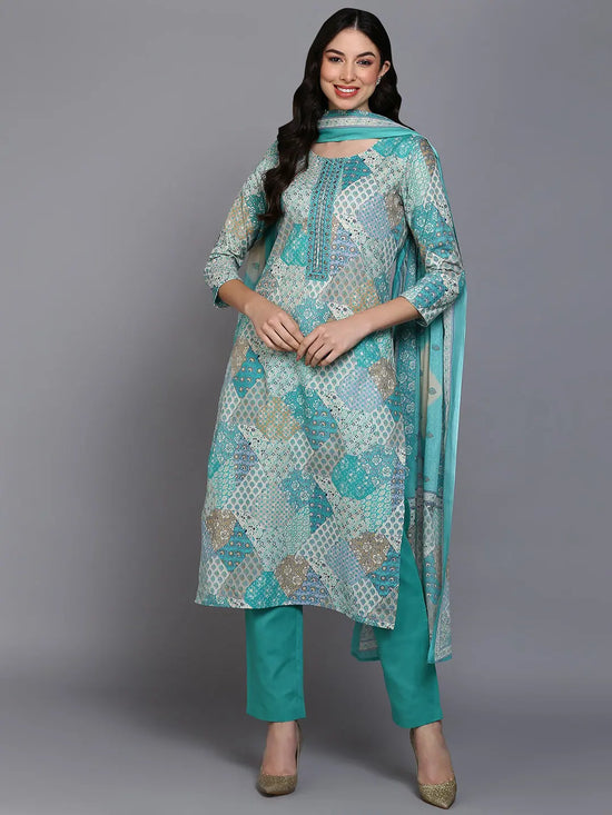 Cotton Aqua Green Printed Straight Kurta Pant