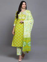 Cotton Green Bandhani Printed Straight Kurta Pant