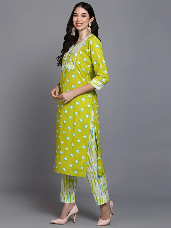 Cotton Green Bandhani Printed Straight Kurta Pant