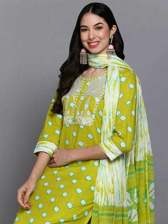 Cotton Green Bandhani Printed Straight Kurta Pant