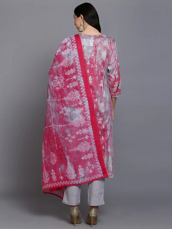 Cotton Grey Printed Straight Kurta Pant With