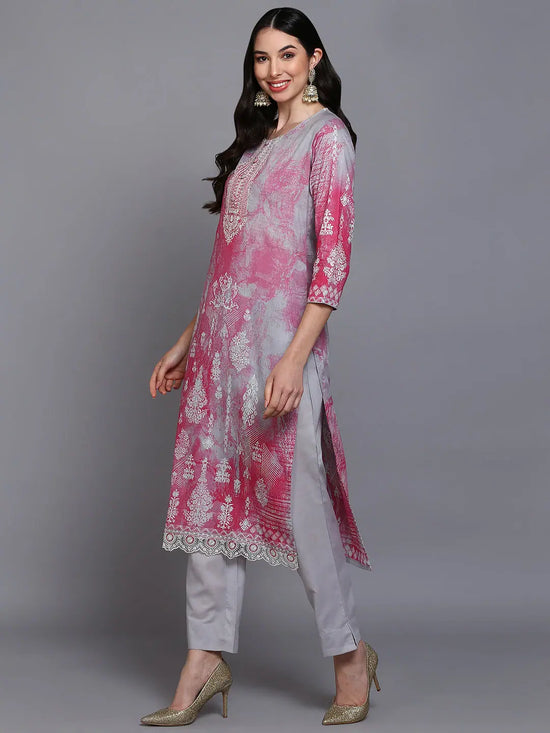 Cotton Grey Printed Straight Kurta Pant With