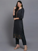 Cotton Grey Embroidered Straight Kurta Pant With-VKSKD1940_XS