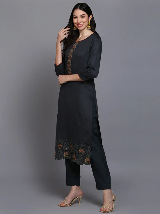 Cotton Grey Embroidered Straight Kurta Pant With-VKSKD1940_XS