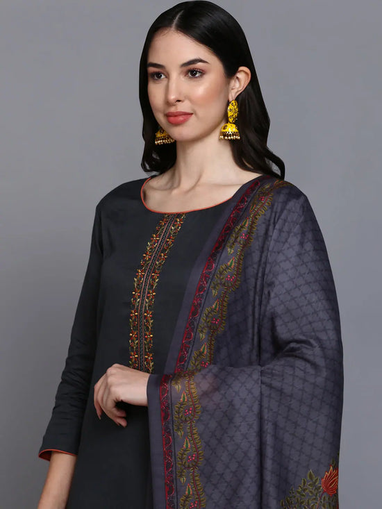 Cotton Grey Embroidered Straight Kurta Pant With-VKSKD1940_XS