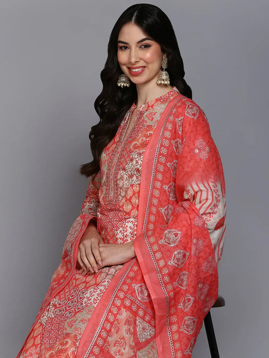 Cotton Coral Peach Printed Straight Kurta Pant