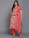 Cotton Coral Peach Printed Straight Kurta Pant