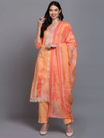 Cotton Orange Printed Straight Kurta Pant With