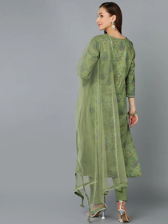 Green Cotton Blend Floral Printed Straight Suit